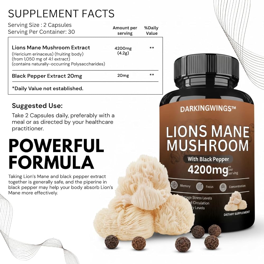 Darkingwings Lion's Mane Mushroom Supplement for Focus - 60 Capsules - image 2