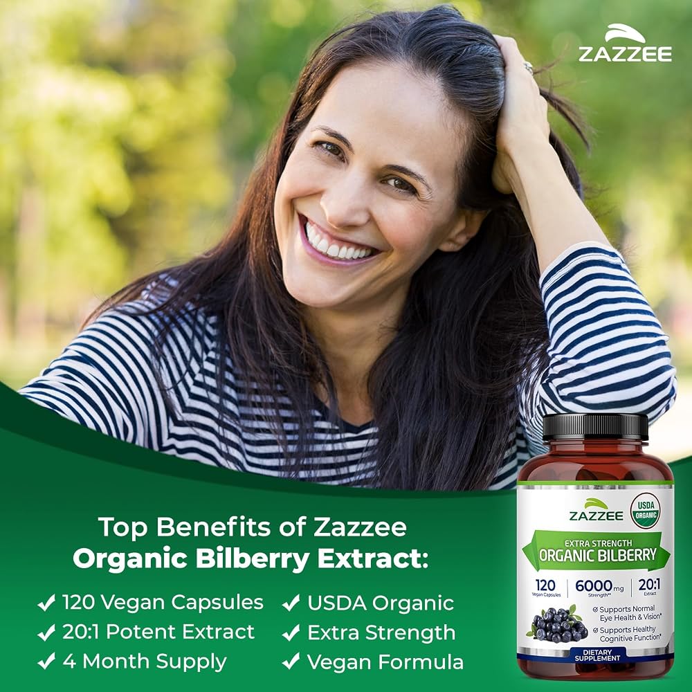 Zazzee USDA Organic Bilberry 20:1 Extract - 120 Capsules - image 4