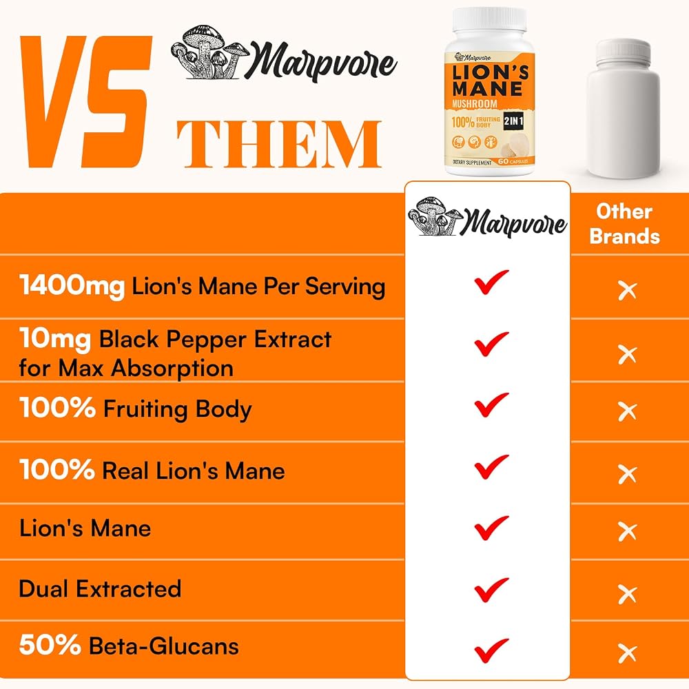 Marpvore Lions Mane Supplement 1400mg for Memory and Focus - 60 Capsules - image 5