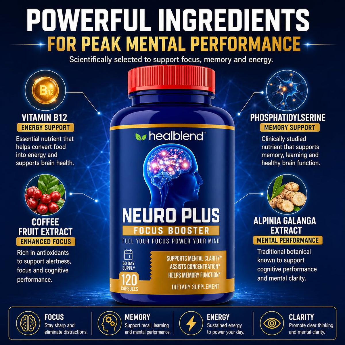 healblend Neuro Plus Focus Booster Brain Support - 120 Capsules - image 4