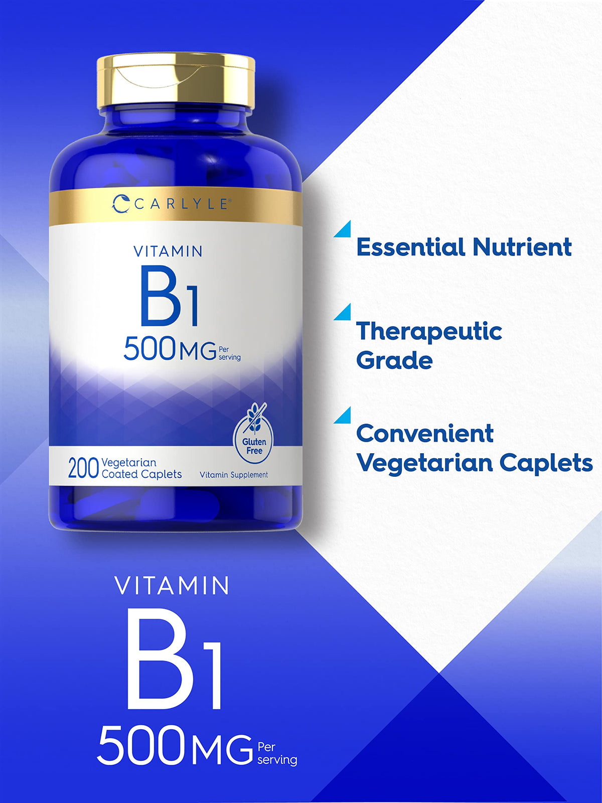 Carlyle Vitamin B1 500mg Thiamine - 200 Vegetarian Caplets - image 3