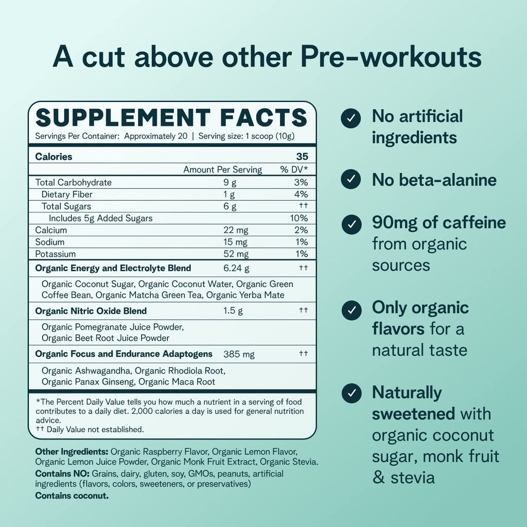 Ora Organic Natural Pre Workout Powder Raspberry Lemonade - 20 Servings - image 4