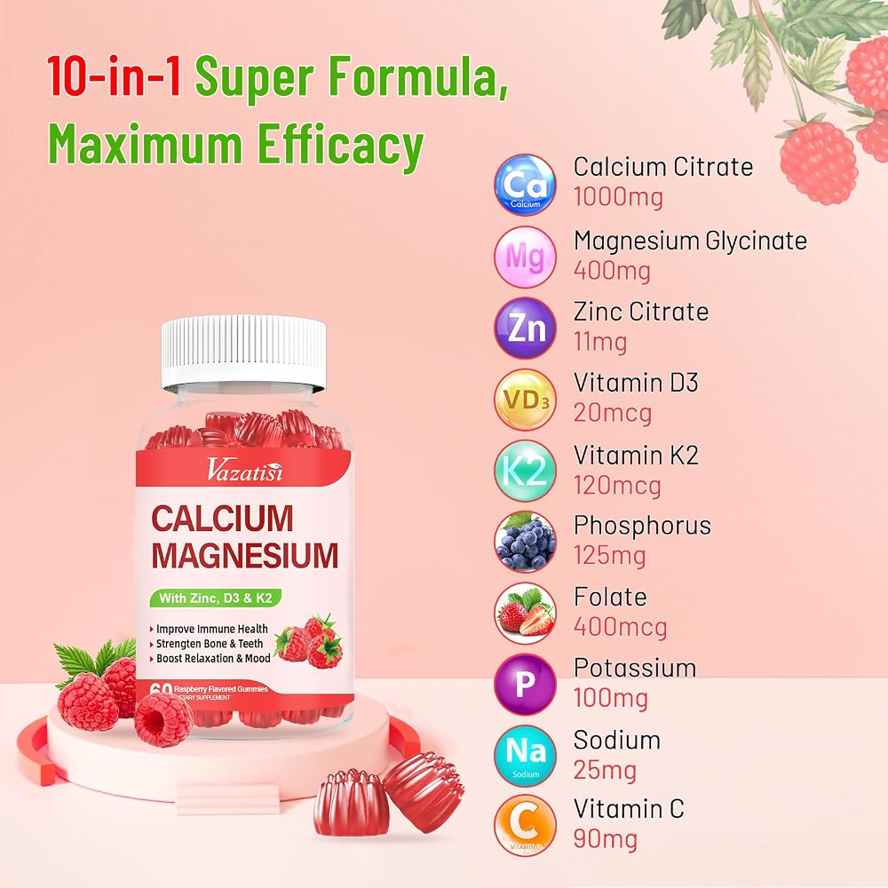 Vazatisi Calcium Magnesium Zinc Gummies with Vitamin D3 & K2 - 120 Gummies - image 3