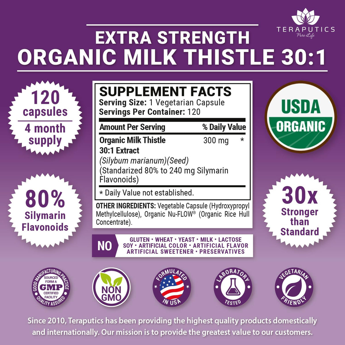 Teraputics Organic Milk Thistle 300mg Liver Support - 120 Vegetarian Capsules - image 2