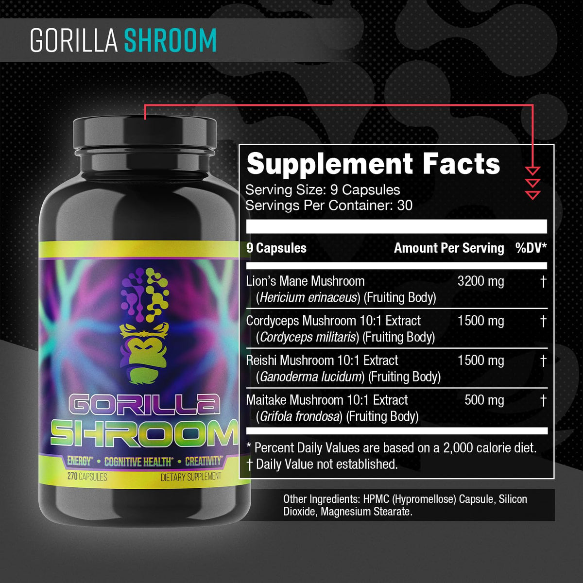Gorilla Mind Shroom Nootropic Mushroom Supplement - 270 Capsules - image 2