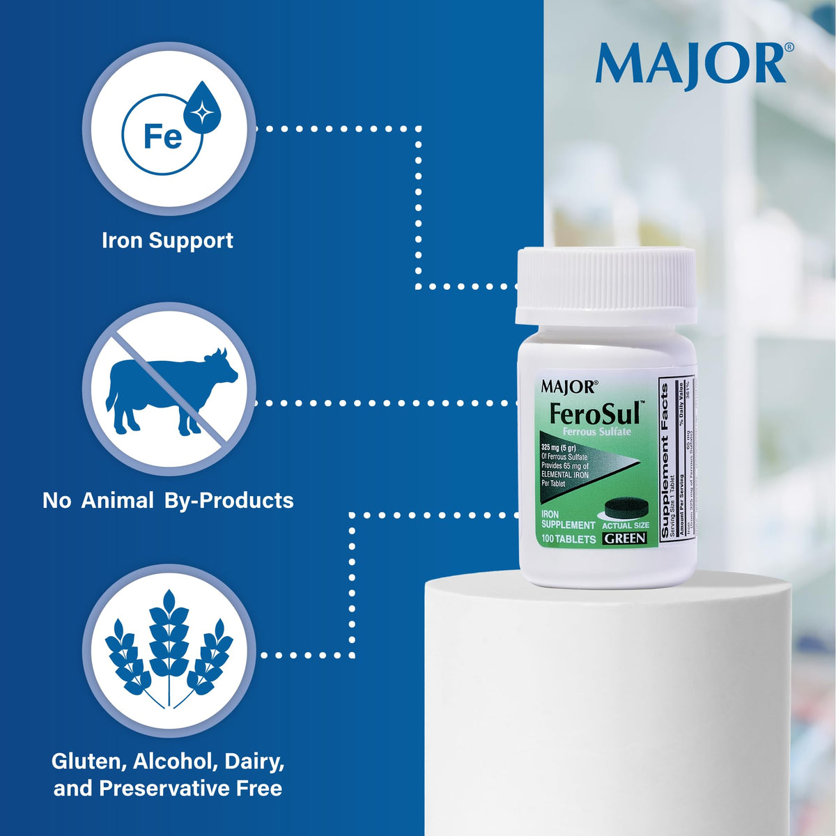 MAJOR Ferosul Ferrous Sulfate 325 mg Iron - 100 Tablets - image 4