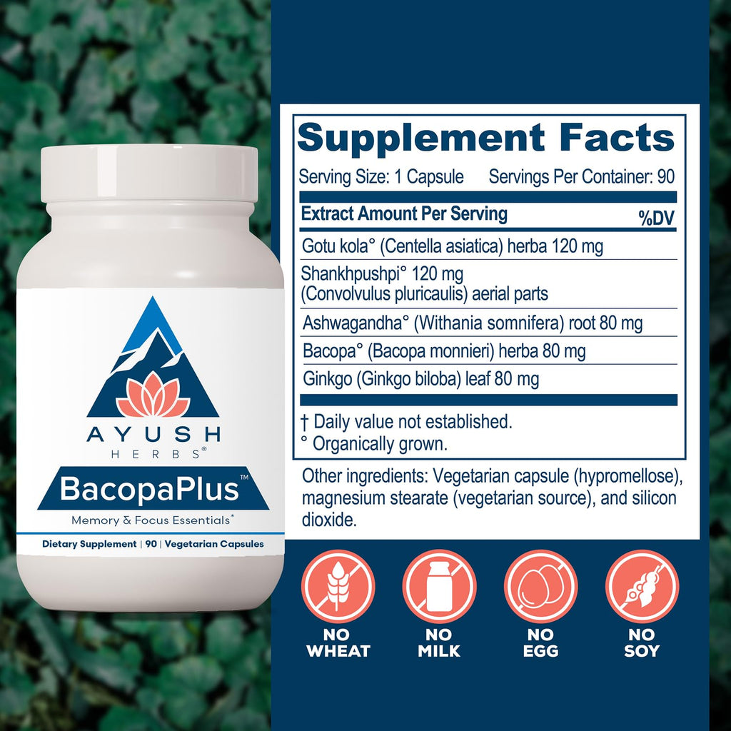 Ayush Herbs BacopaPlus Bacopa Supplement for Memory & Focus - 90 Capsules - image 3