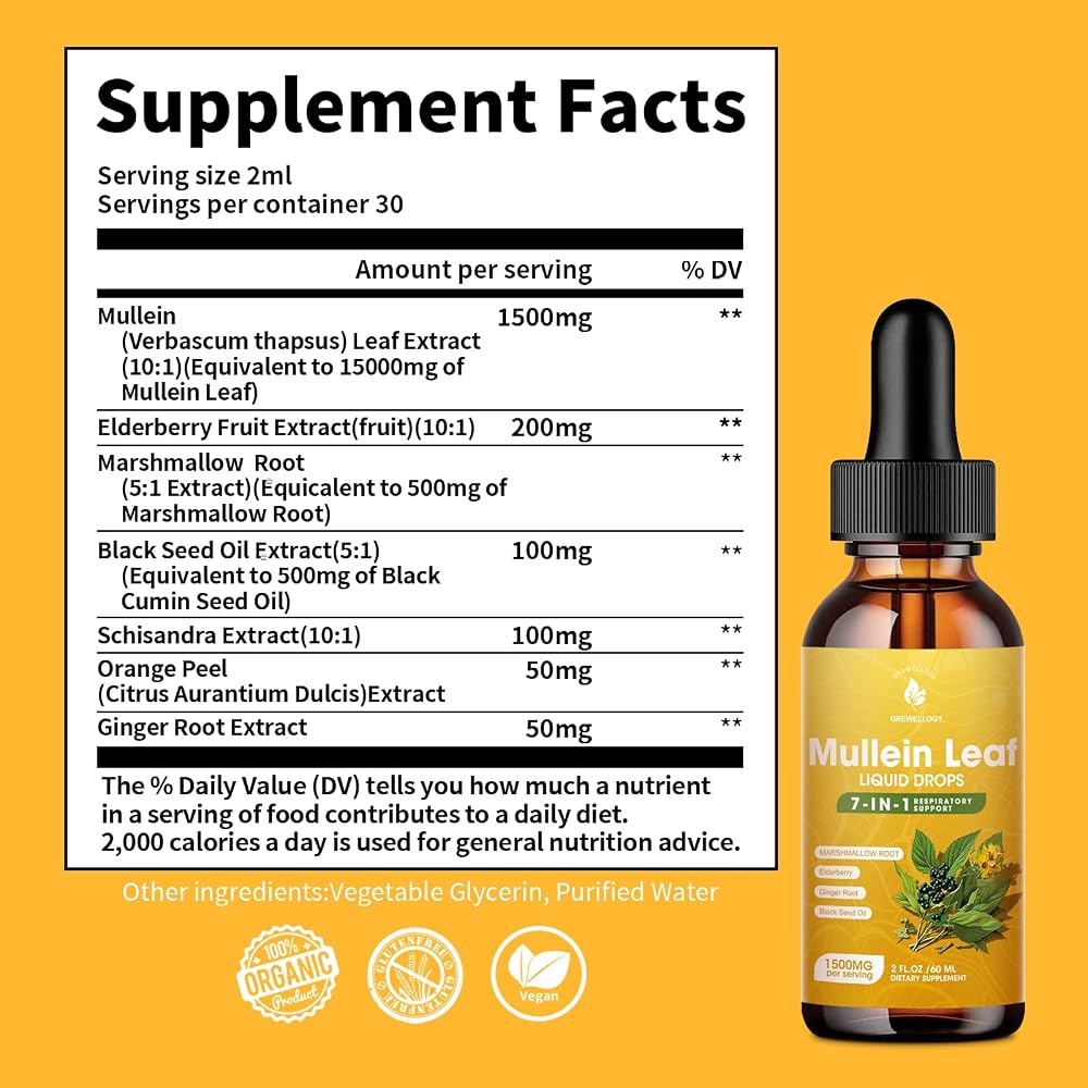 Grewellogy Mullein Drops for Lungs, 7-in-1 1500mg - 2 Fl Oz - image 2