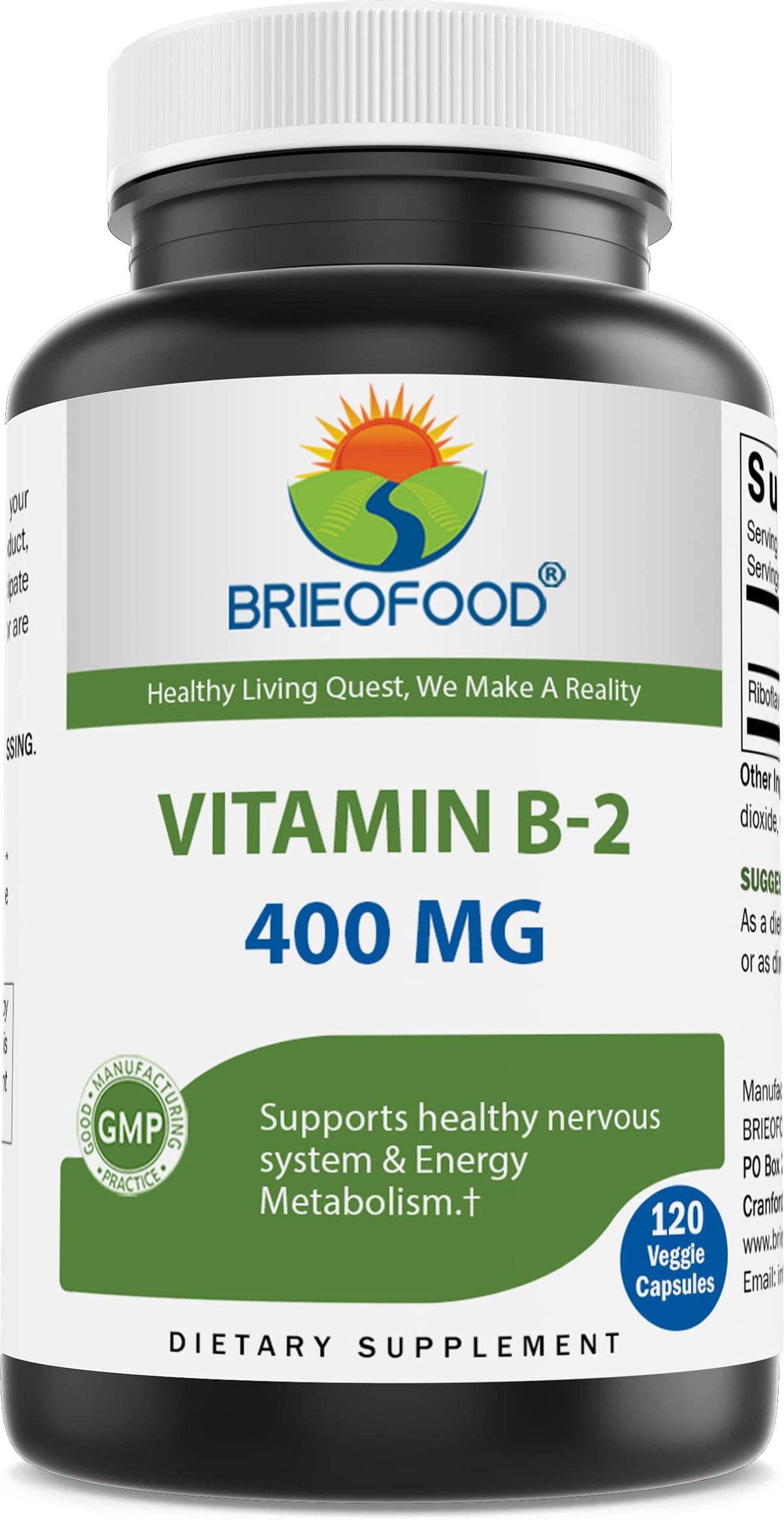 Brieofood Vitamin B2 Riboflavin 400mg - 120 Vegetarian Capsules