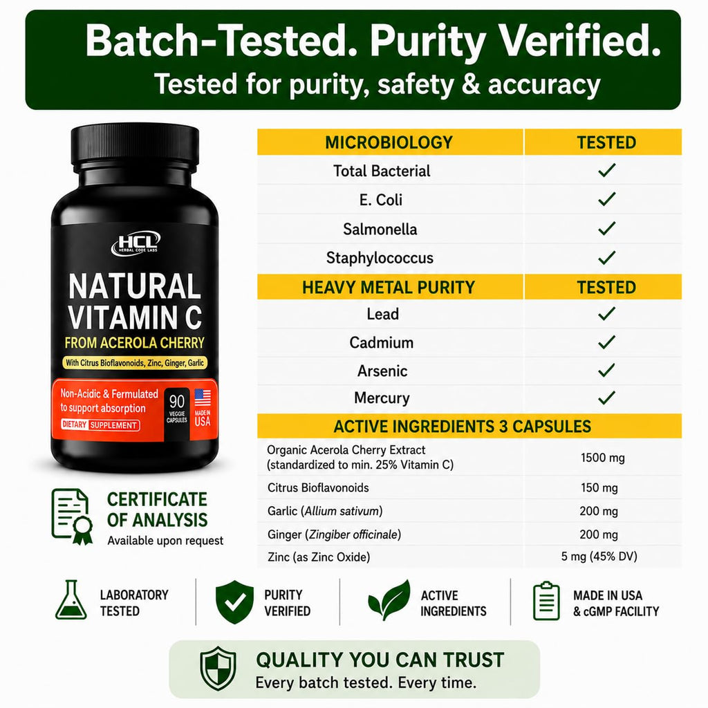 HCL Herbal Code Labs Vitamin C from Organic Acerola Cherry - 90 Capsules - image 12