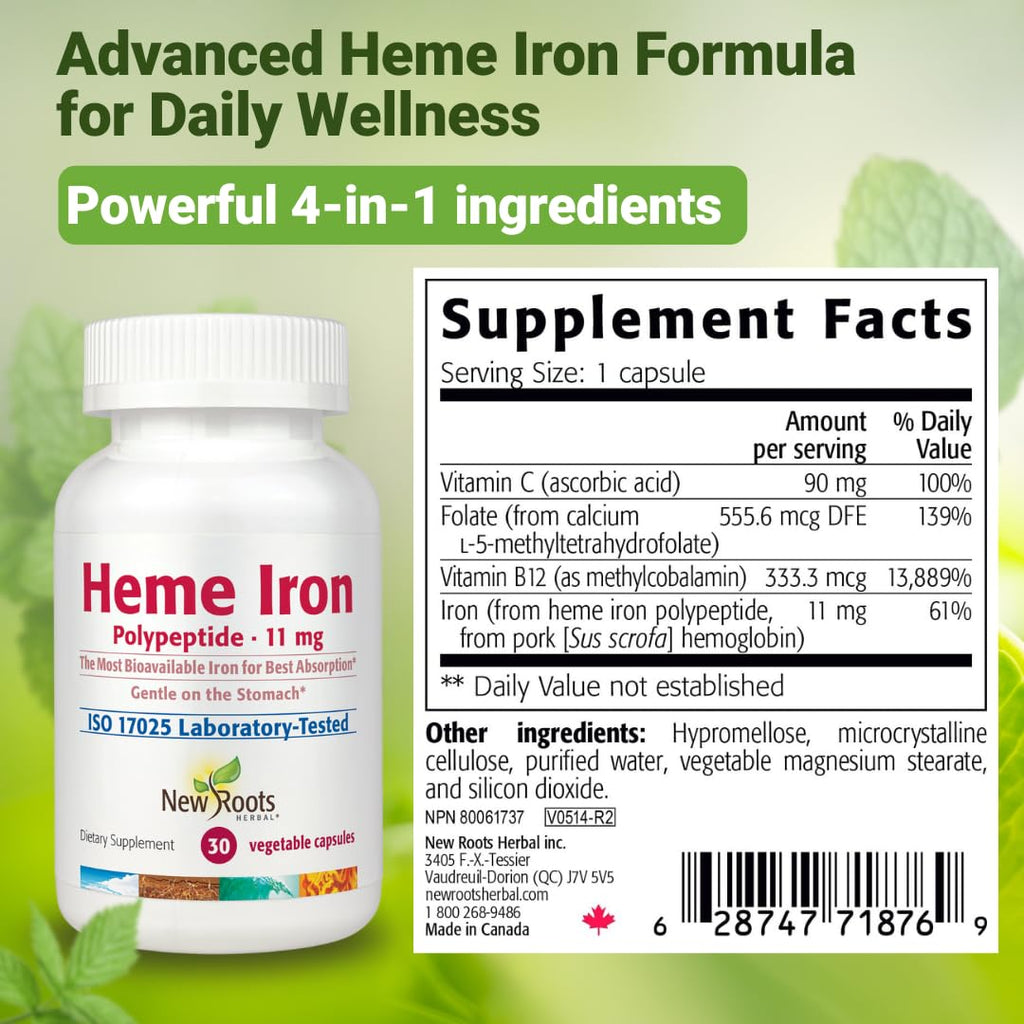 NEW ROOTS HERBAL Heme Iron 11 mg with Vitamin C & B12 - 30 Vegetable Capsules - image 7
