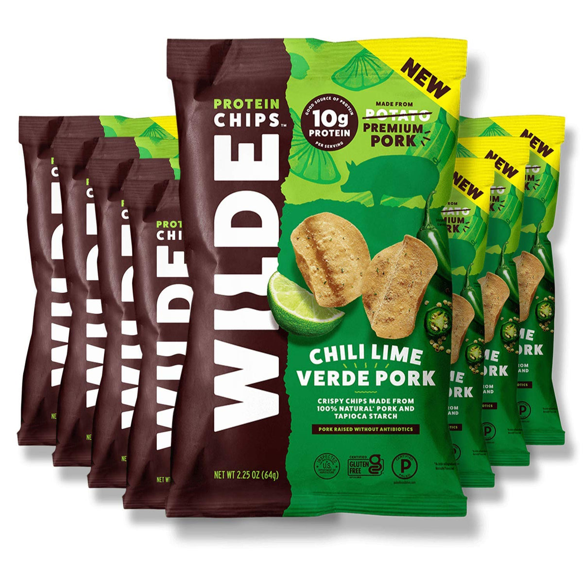 Wilde Chips Chili Verde Lime Pork Chips - 8 Pack (2.25oz Bags)