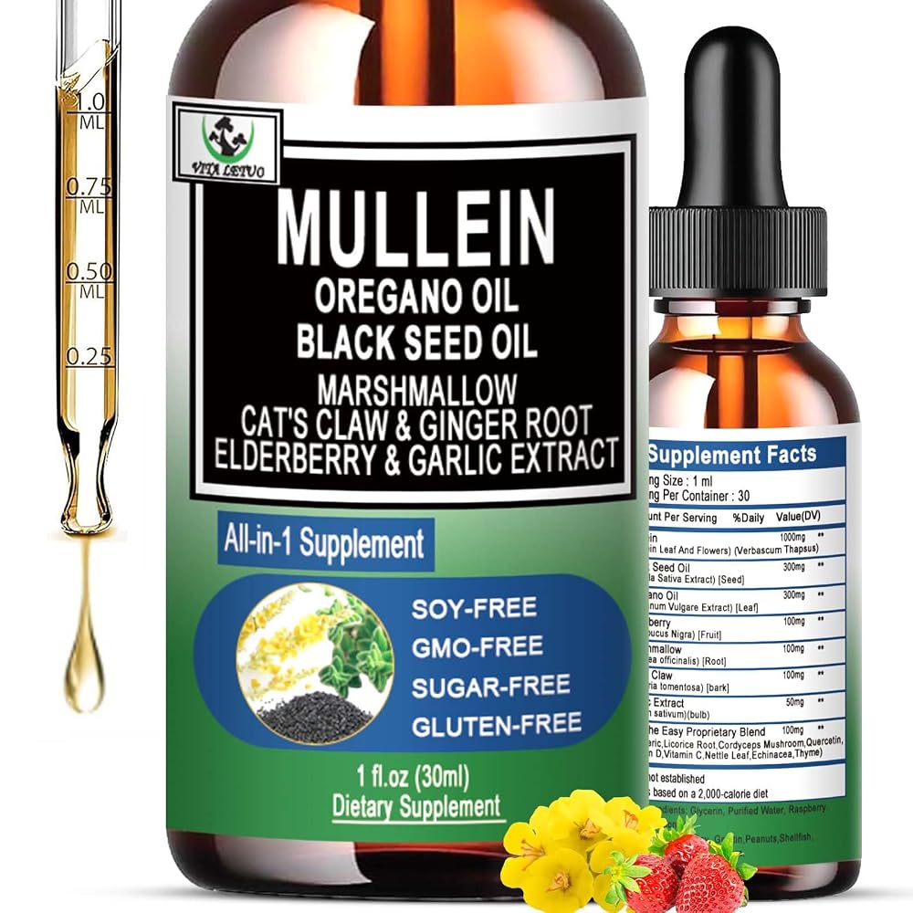 Vita letuo Organic Mullein Drops with Oregano & Black Seed Oil - 1 Fl Oz
