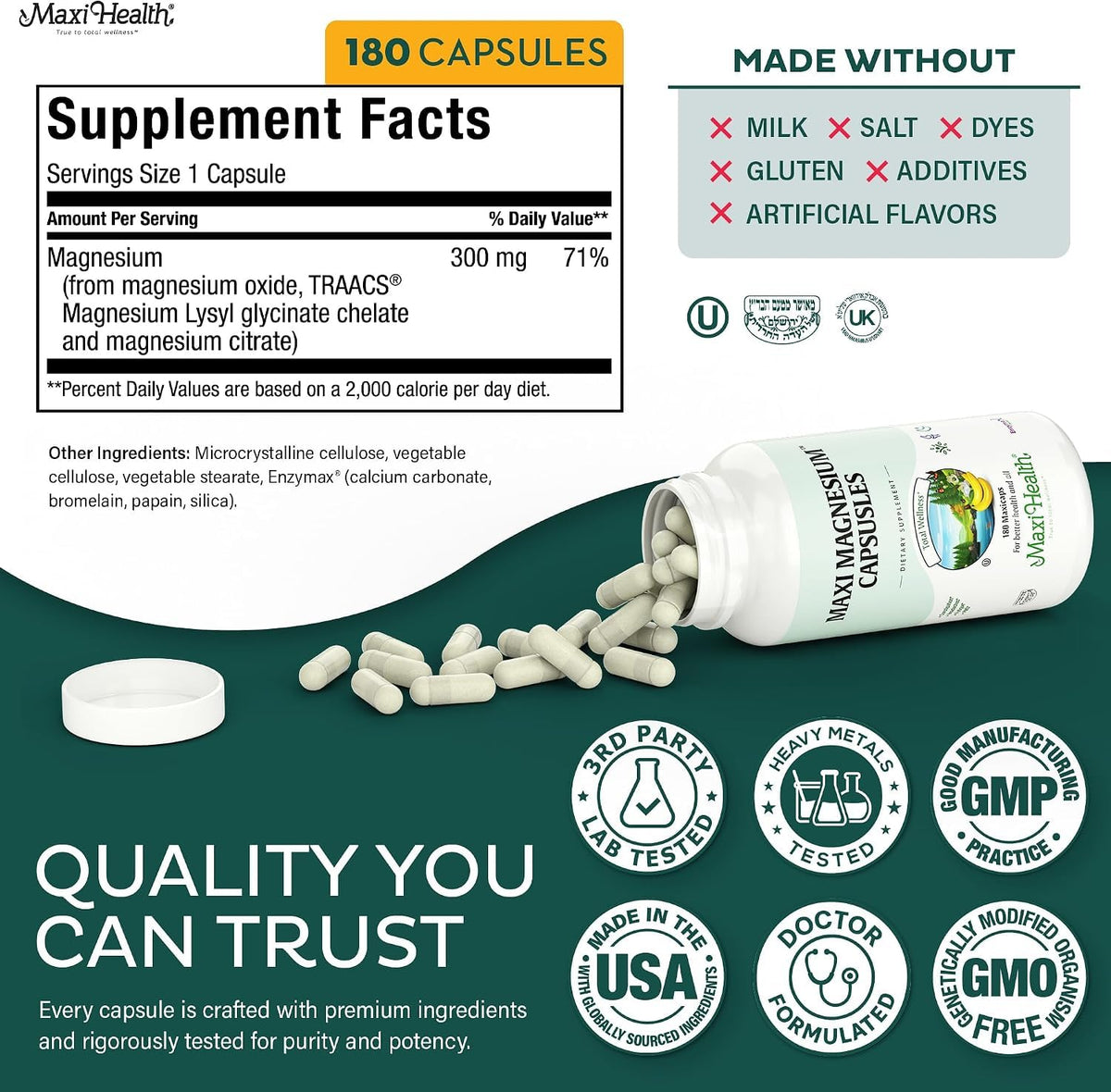 Maxi Health Magnesium Complex Oxide Glycinate Citrate - 180 Capsules - image 7