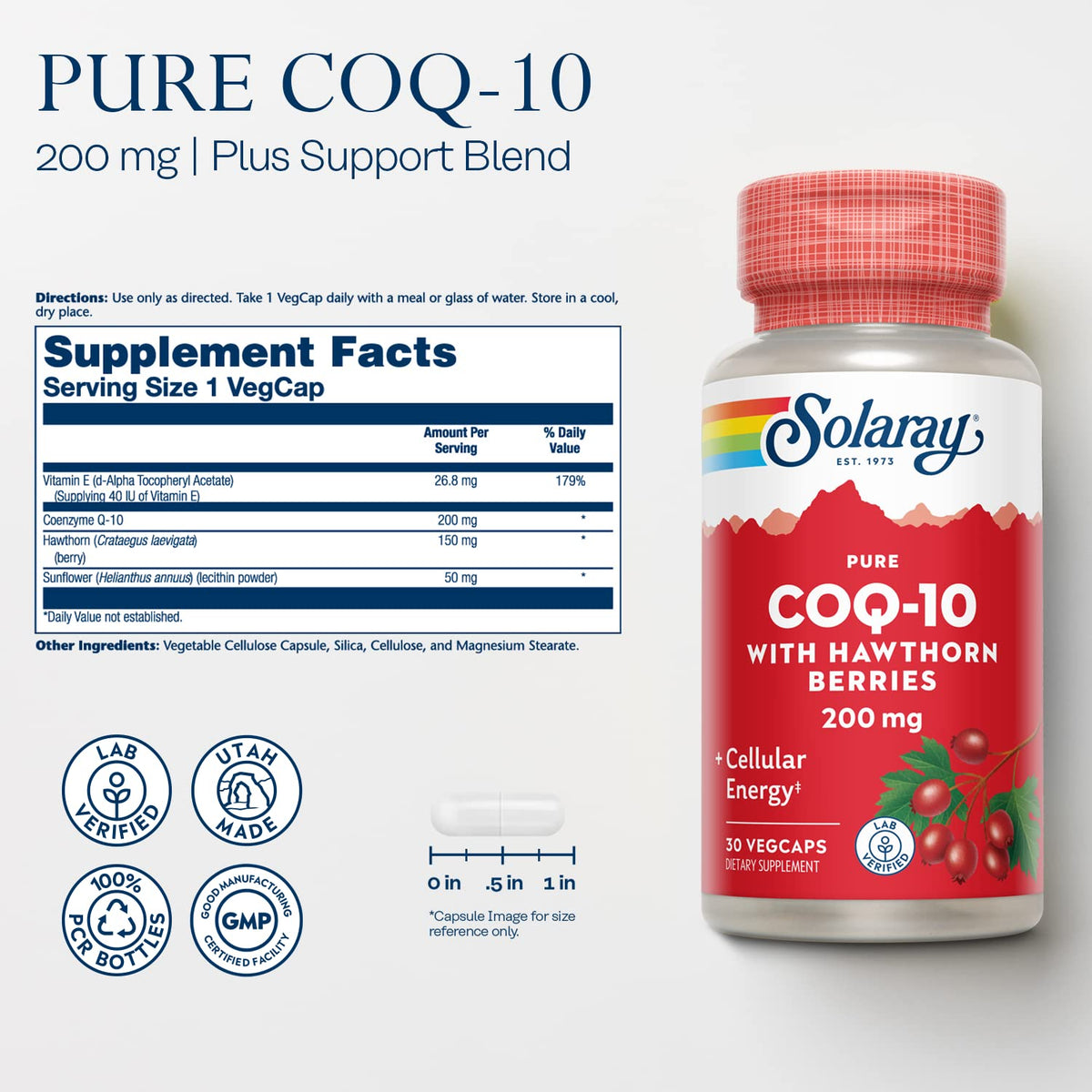SOLARAY Pure CoQ-10 200 mg Heart & Energy Support - 30 Vegetarian Capsules - image 2