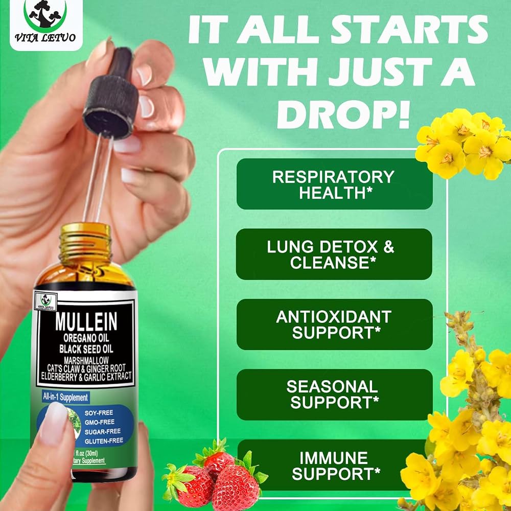 Vita letuo Organic Mullein Drops with Oregano & Black Seed Oil - 1 Fl Oz - image 5