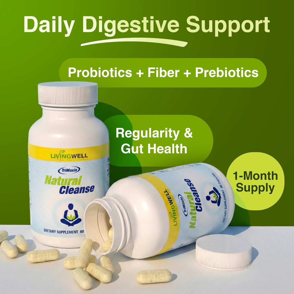 Natural Cleanse Fiber Supplement with Psyllium Husk & Probiotics - 60 Capsules - image 2