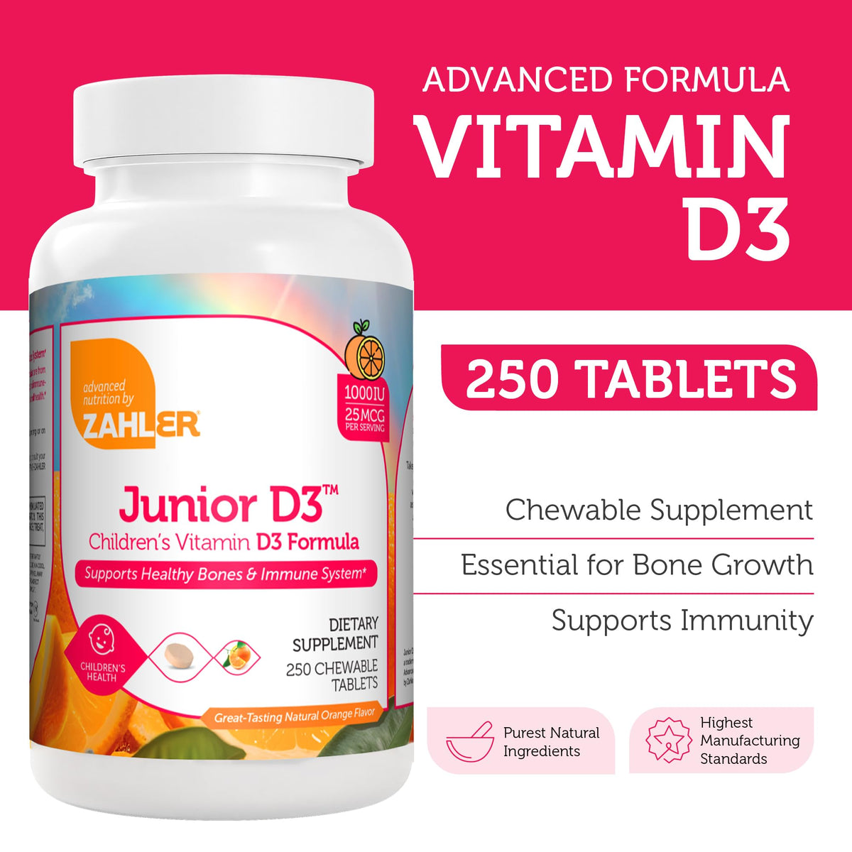 Zahler Junior D3 Vitamin 1000 IU Chewable for Kids - 250 Count - image 3
