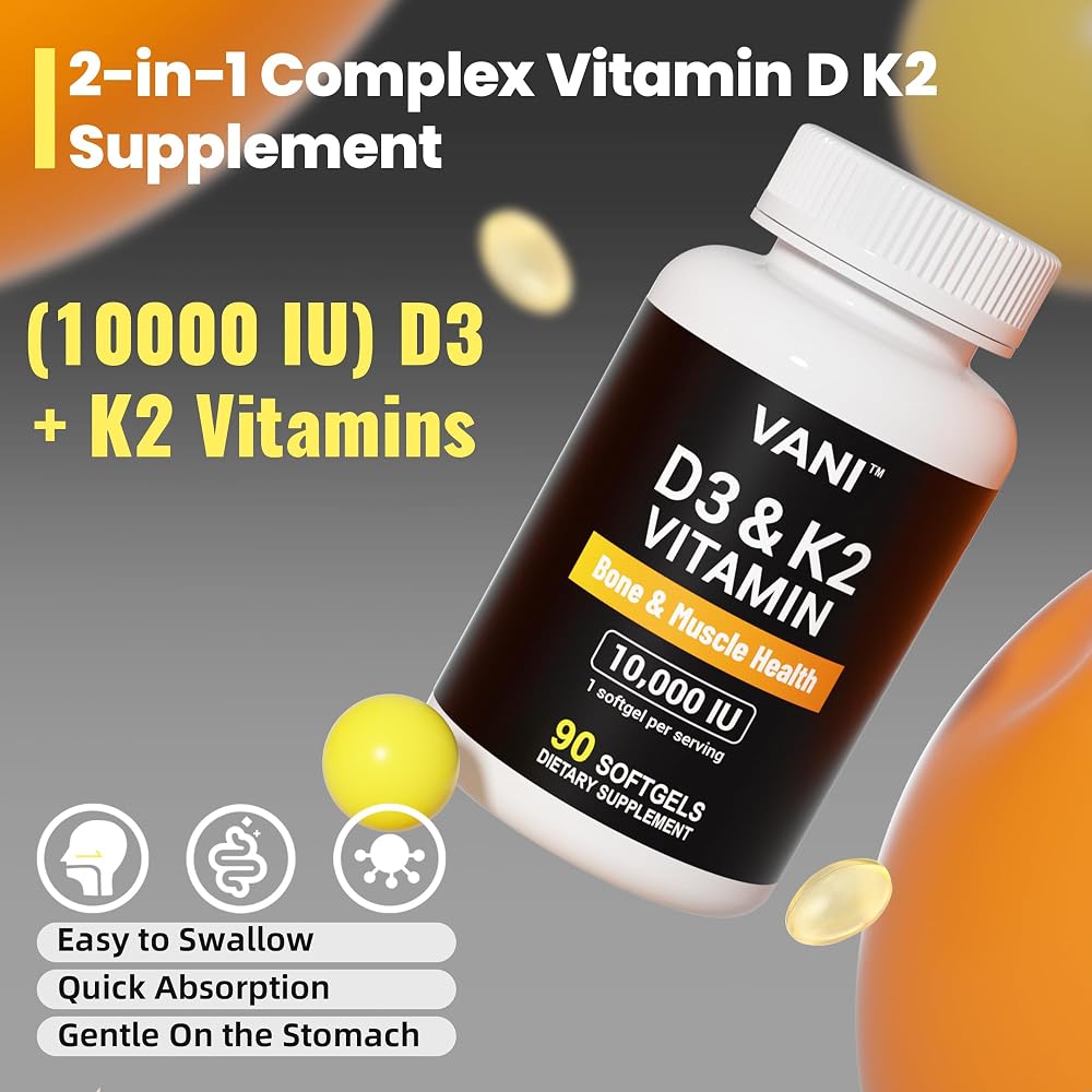 VANI Vitamin D3 10000 IU + K2 MK-7 Bone Support - 90 Softgels - image 2