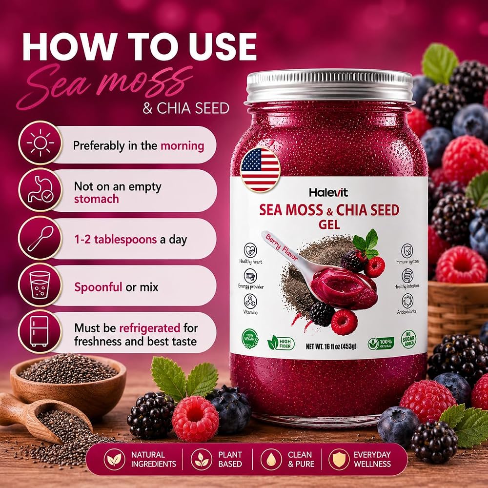 Halevit Sea Moss Gel with Chia Seeds, Berry Flavor - 16 oz - image 5