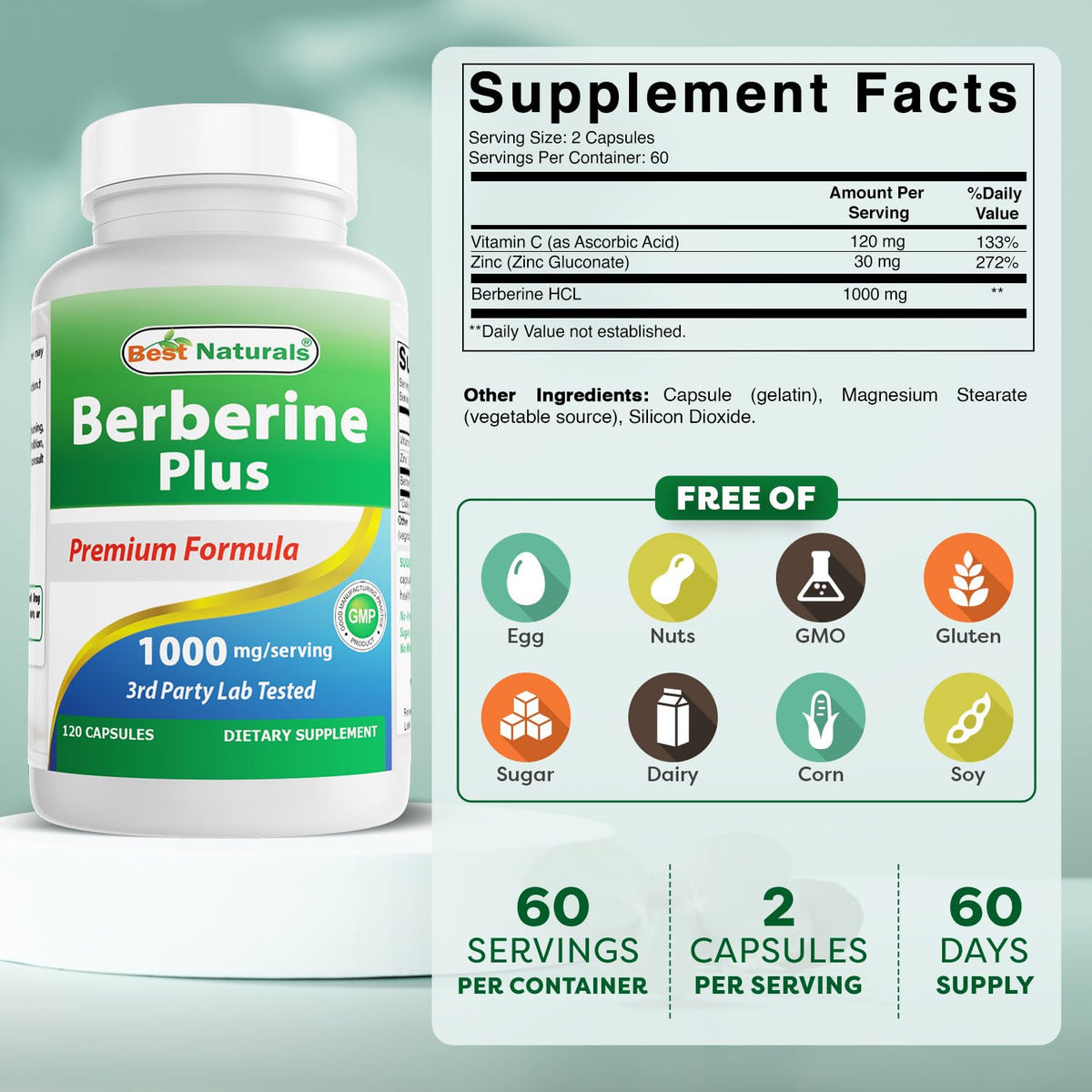 Best Naturals Berberine Plus 1000 mg - 120 Capsules - image 2