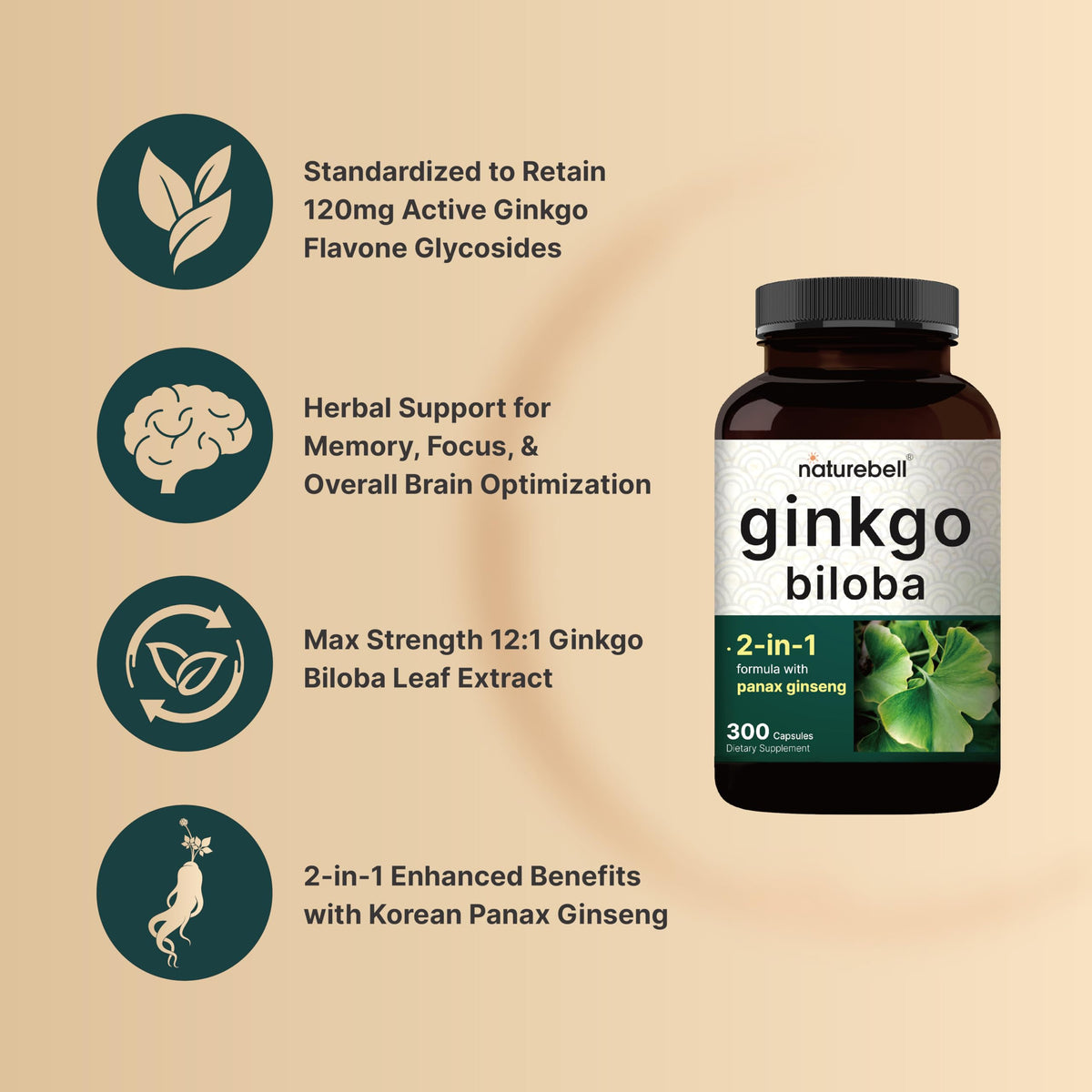 NatureBell Ginkgo Biloba with Panax Ginseng - 300 Capsules - image 3