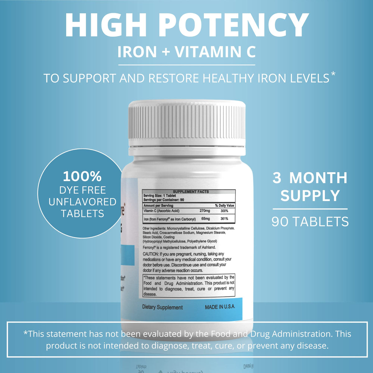 NutritiPure High Potency Iron Tablet 65 mg with 270 mg Vitamin C (90