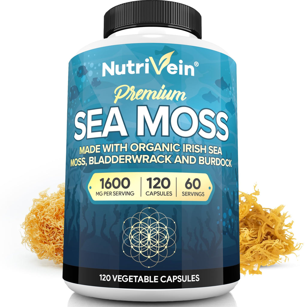 Nutrivein Premium Organic Irish Sea Moss Capsules 1600mg - 120 Vegan Caps