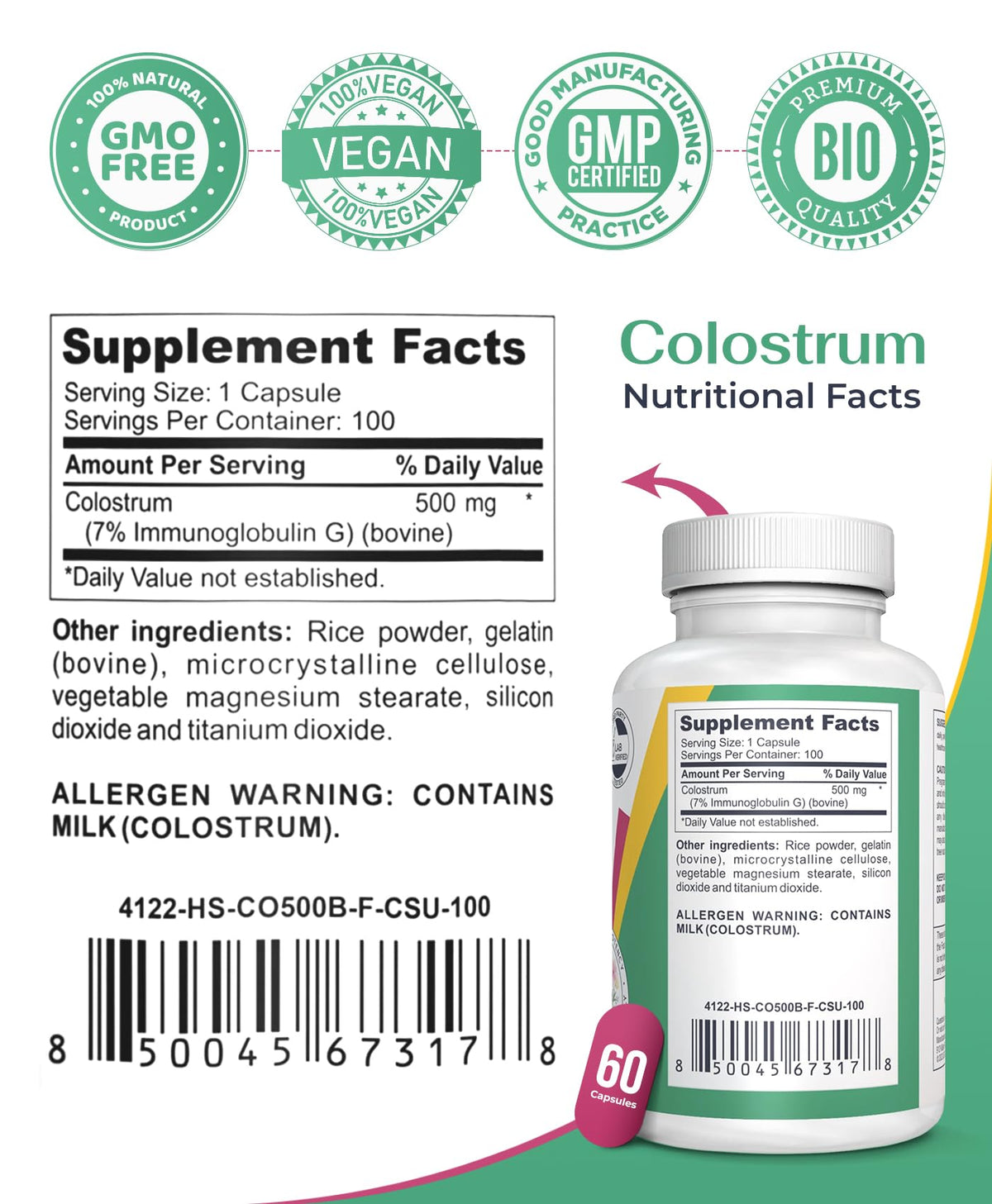 logos nutritionals Bovine Colostrum 500mg - 100 Capsules - image 2