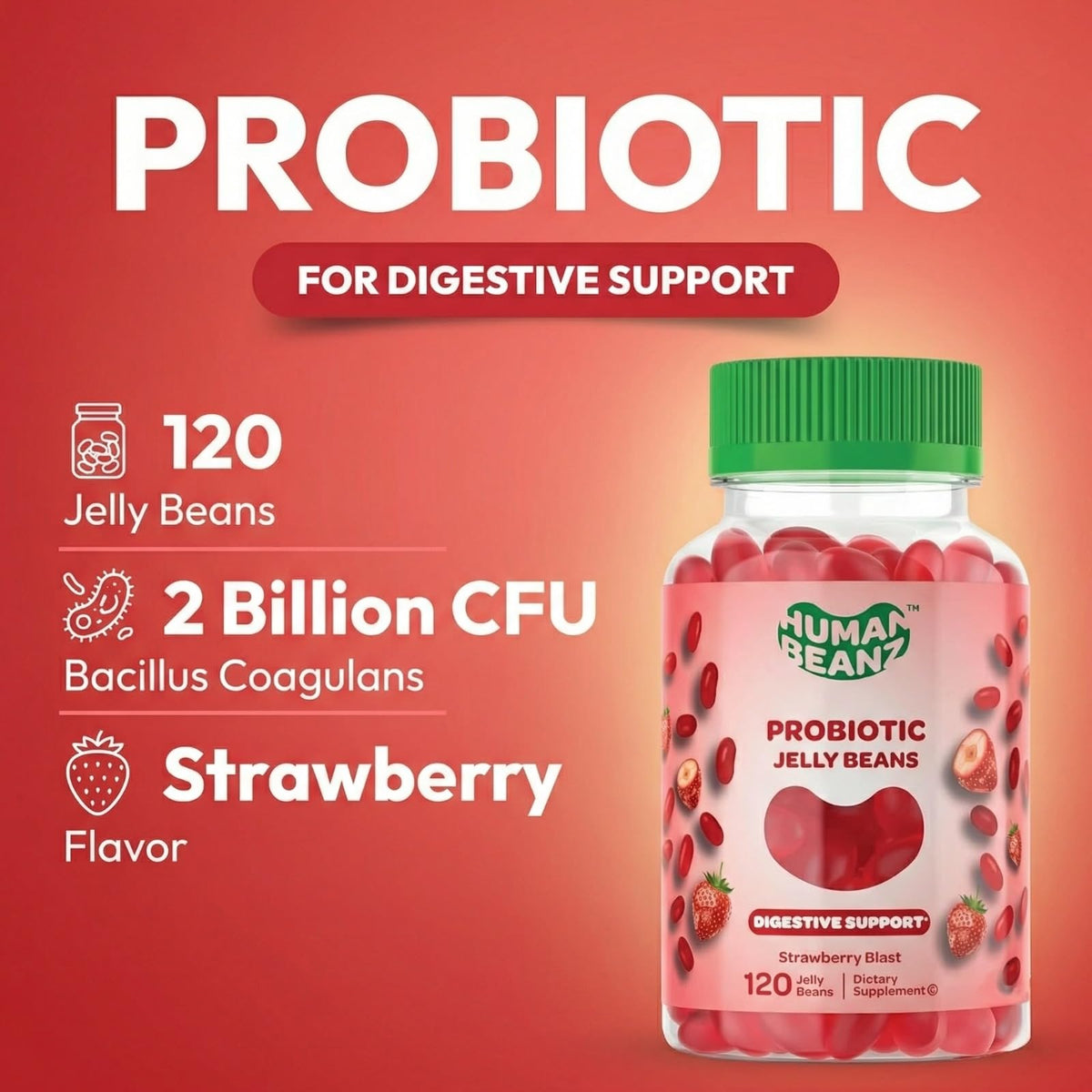 Human Beanz Probiotic Jelly Bean Gummies Strawberry Blast - 120 Count - image 2