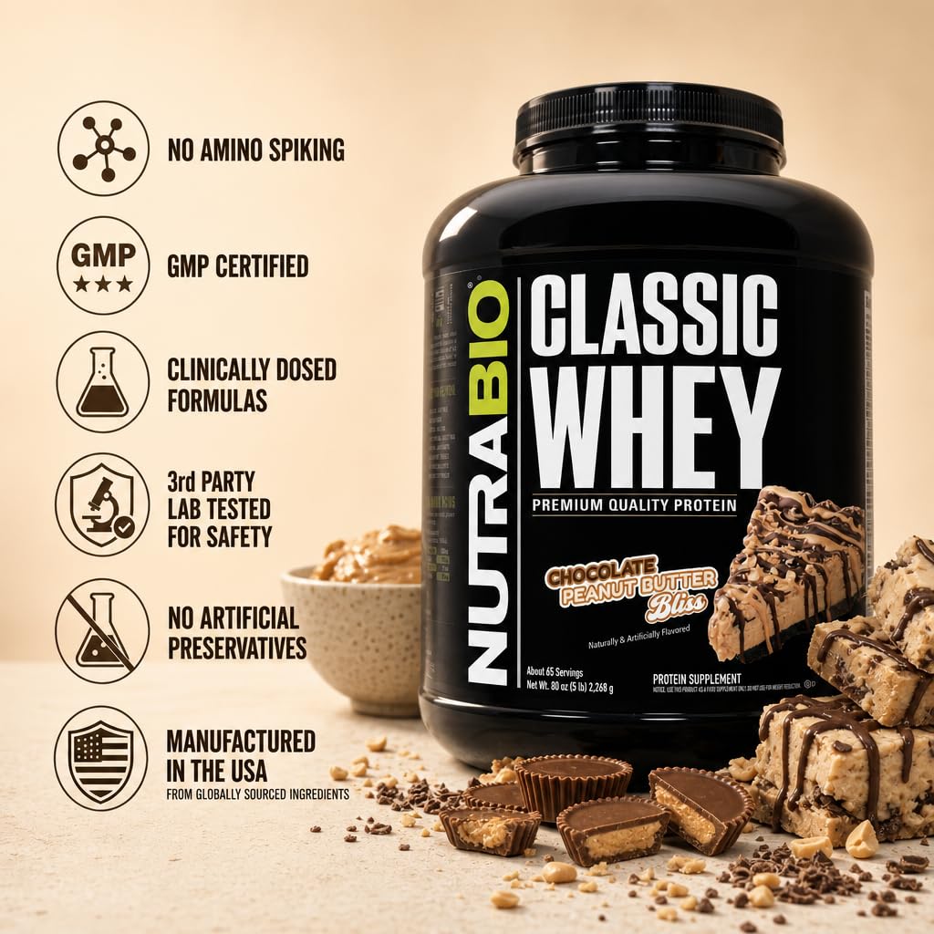 NutraBio Classic Whey Protein Powder Supplement - 25g of Protein Per