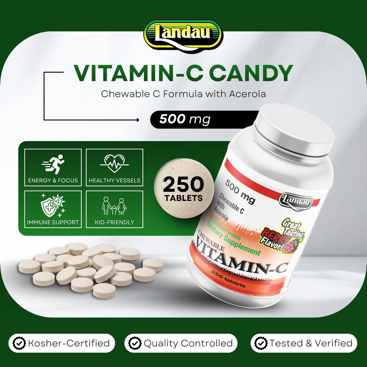 LANDAU Vitamin C 500mg Chewable Tablets - 250 Count - image 2