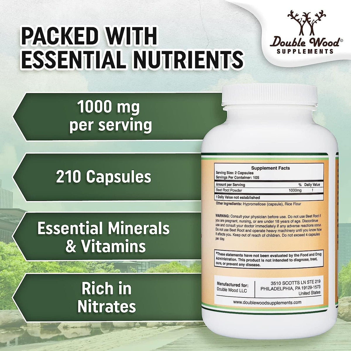 Double Wood Supplements Beet Root 1,000mg Circulation + Stamina - 210 Capsules - image 3