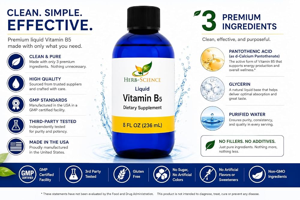 Herb-Science Liquid Vitamin B5 for Energy & Nerve Support - 8 Fl Oz - image 5