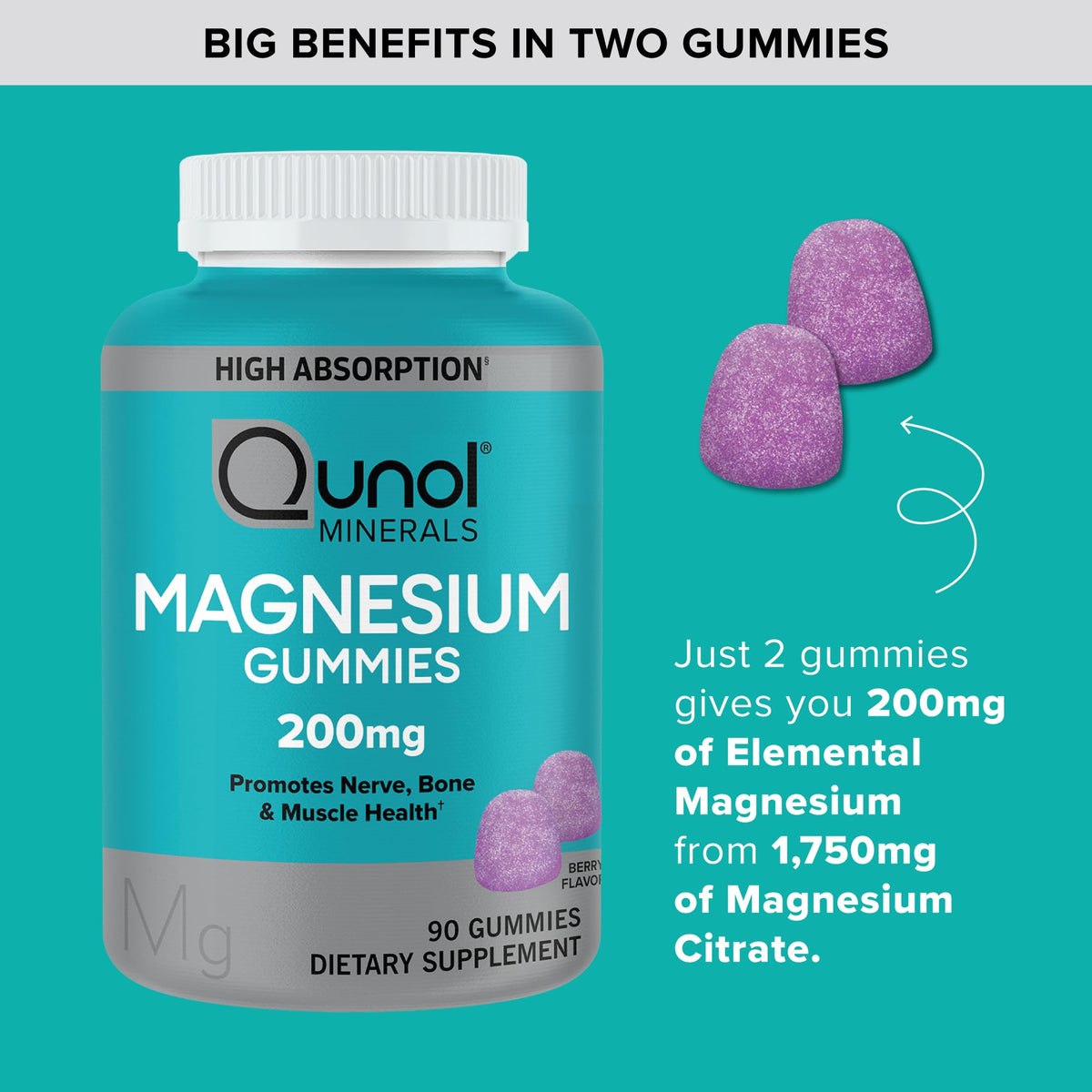Qunol Magnesium Gummies for Adults, 200mg Magnesium Citrate Gummies