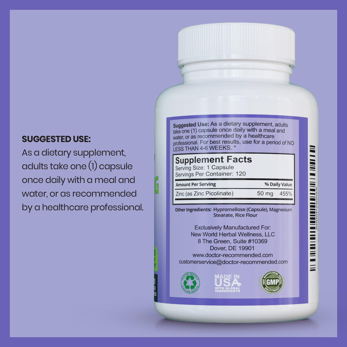 Doctor Recommended Supplements Zinc Picolinate 50mg - 120 Vegetarian Capsules - image 2