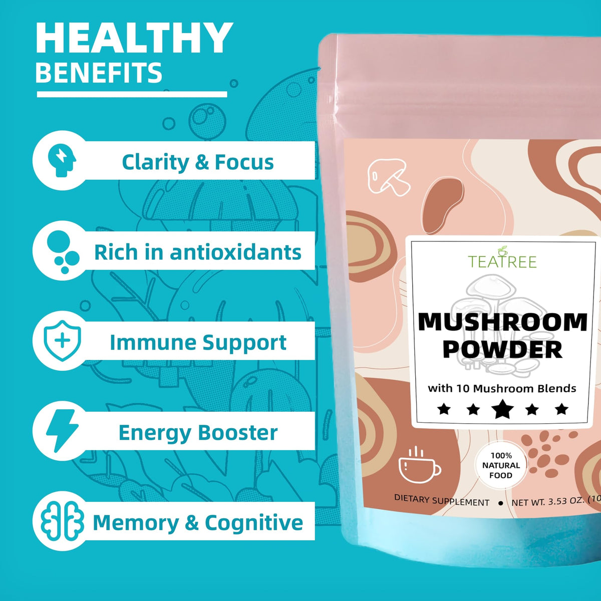 10 Mushrooms Powder, Mushroom Supplement Blend for Coffee, Beverages & Smoothies, Natural Focus, Energy & Immune Support Supplement - 3.53 oz / 100g