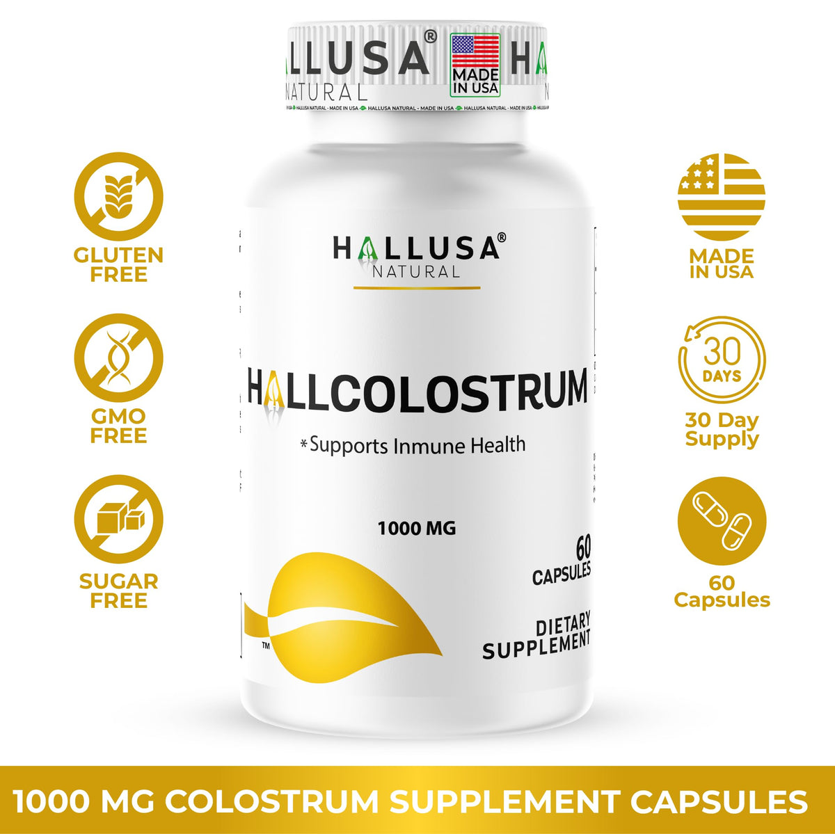 Hallusa Natural Bovine Colostrum 1000mg Immune Support - 60 Capsules - image 2