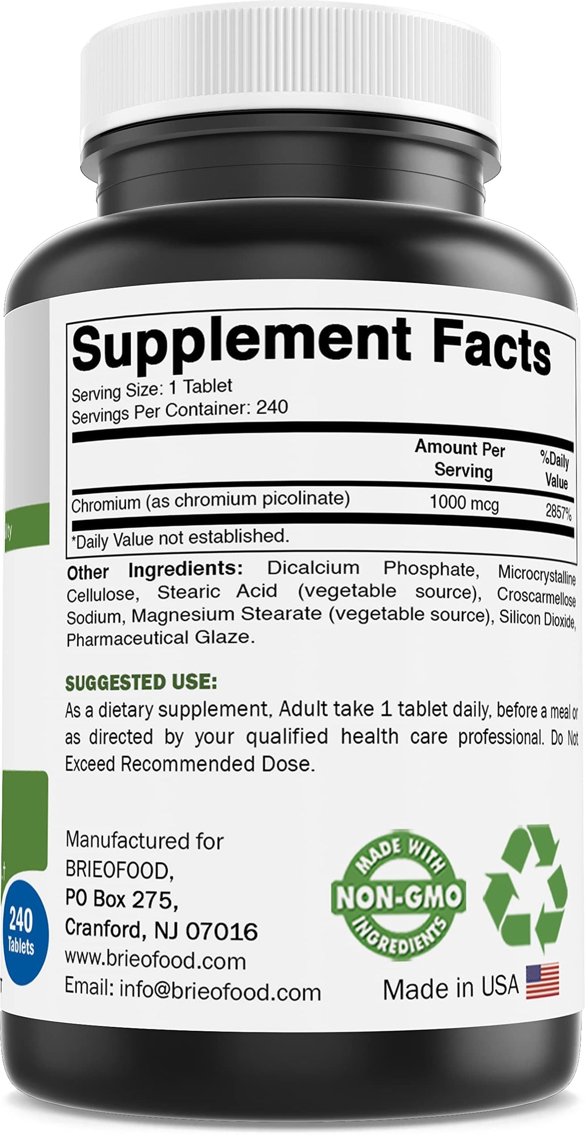 Brieofood Chromium Picolinate 1000 mcg - 240 Tablets - image 2