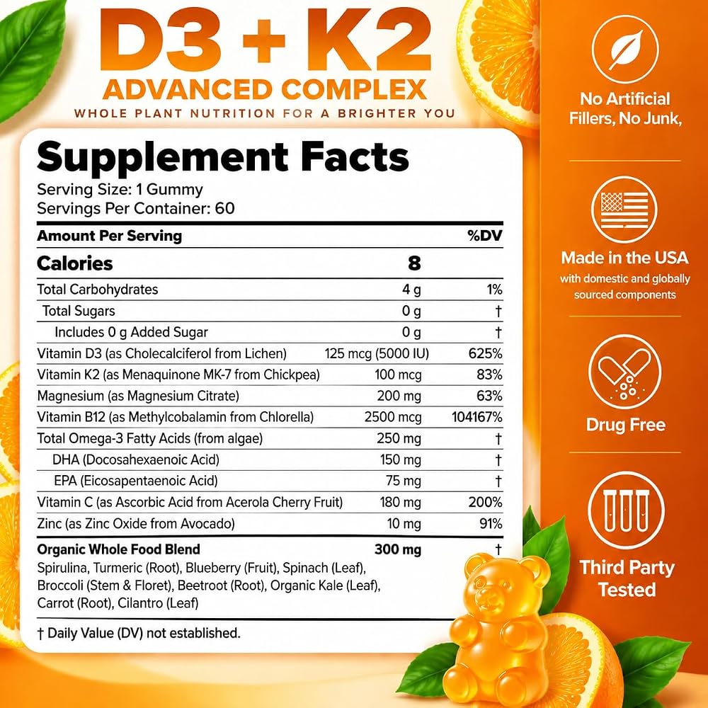 Nextdia Vitamin D3 K2 MK7 Gummies 5000IU with Magnesium Zinc