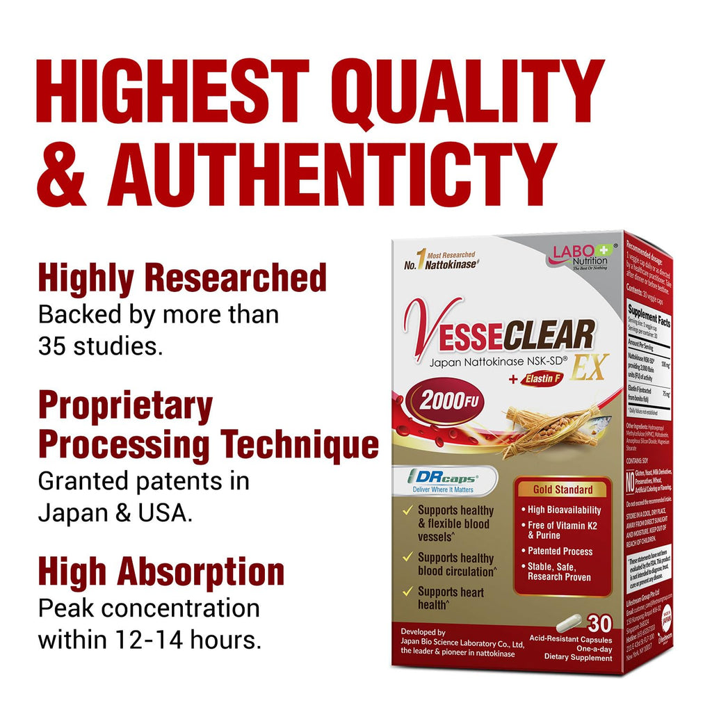 LABO Nutrition VesseCLEAR EX Nattokinase NSK-SD & Elastin F - 90 Capsules - image 3
