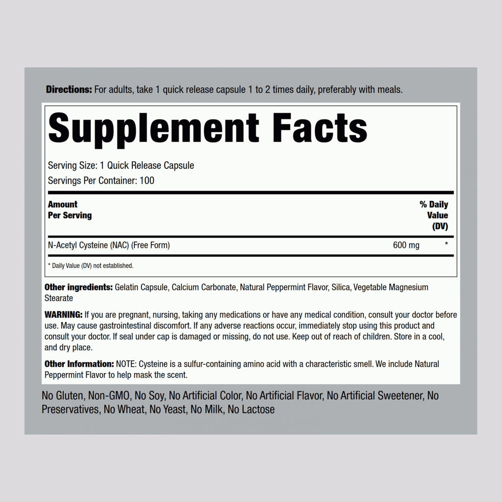 Piping Rock NAC N-Acetyl Cysteine 600mg - 100 Capsules - image 2