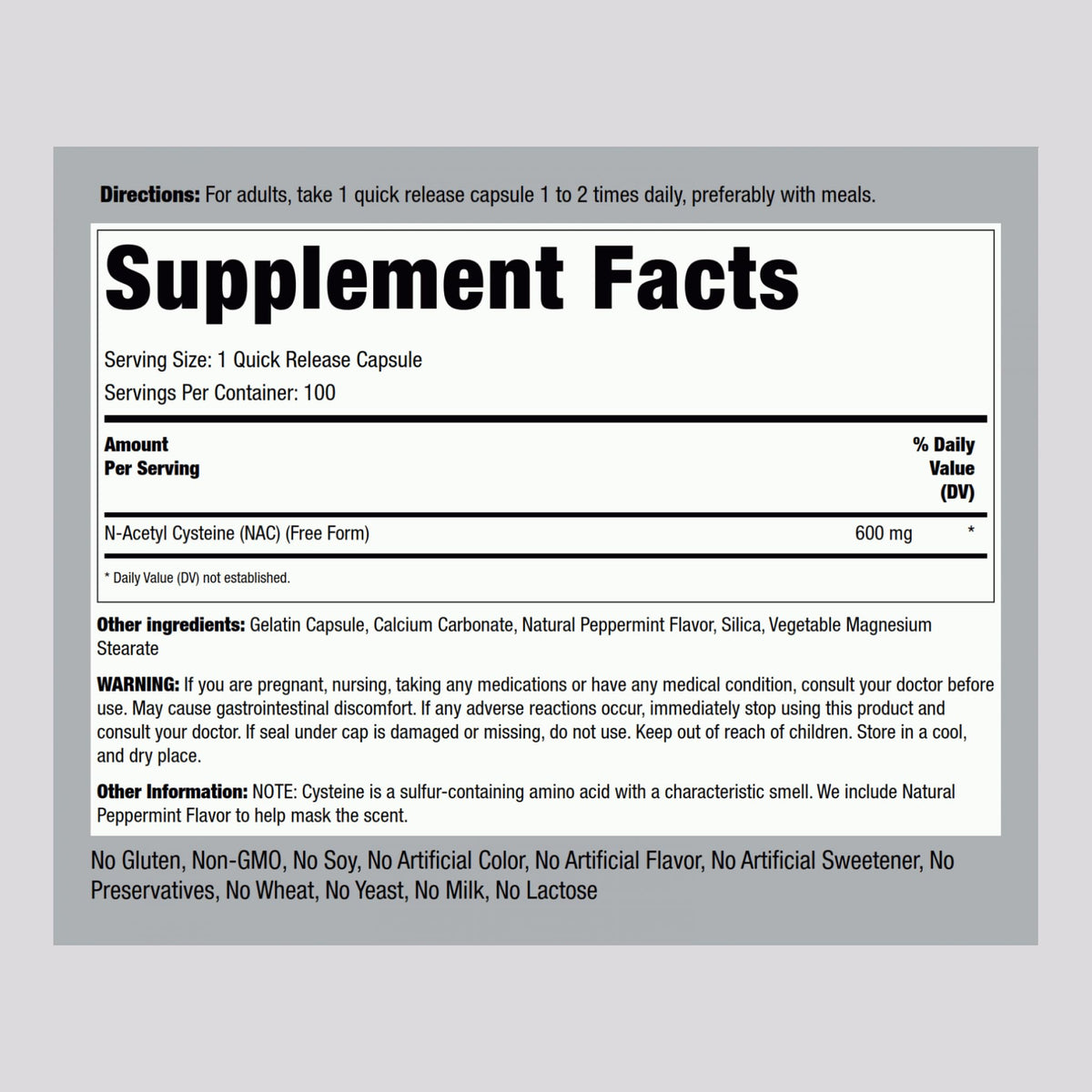 Piping Rock NAC N-Acetyl Cysteine 600mg - 100 Capsules - image 2