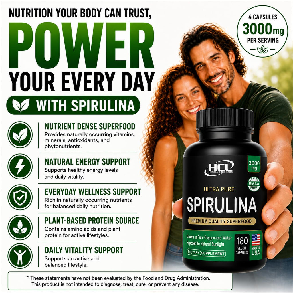 HCL Herbal Code Labs Spirulina Powder 3000 mg - 180 Capsules - image 8