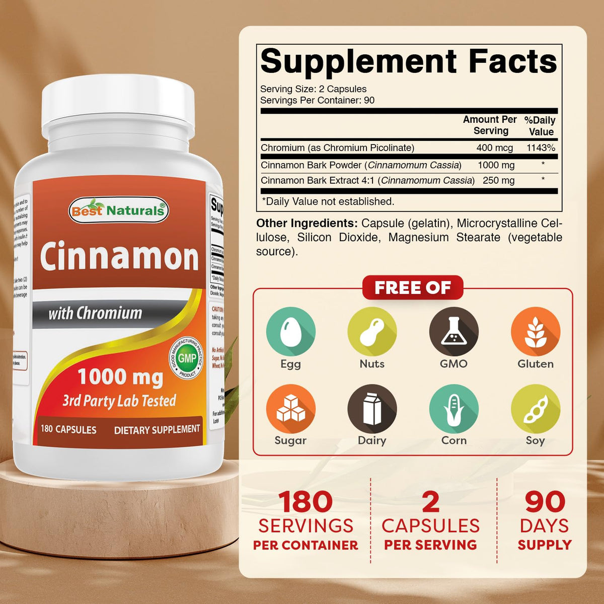 Best Naturals Cinnamon 2000 mg with Chromium Capsules - 180 Count - image 2