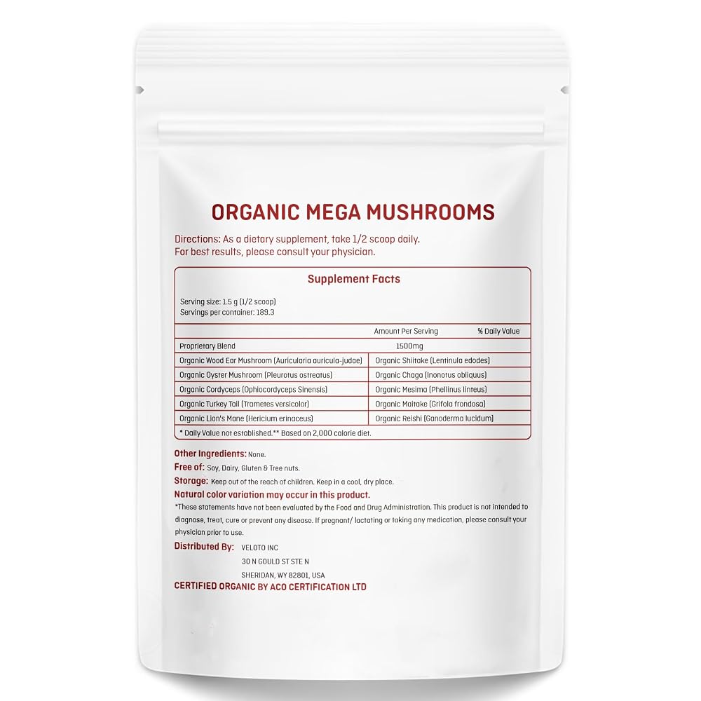 VELOTO Organic Mega Mushroom Powder Blend 10-in-1 - 10oz - image 2