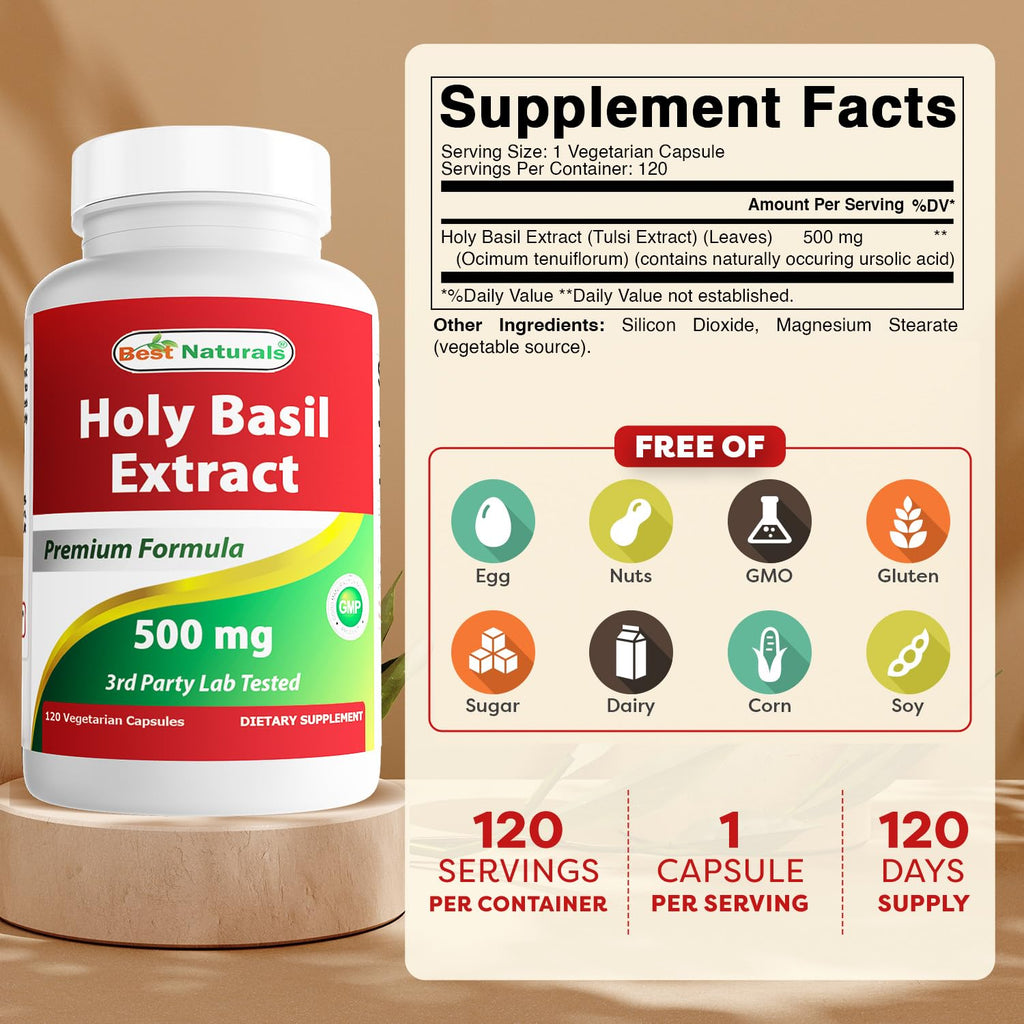 Best Naturals Holy Basil Extract 500 mg - 240 Vegetarian Capsules - image 2
