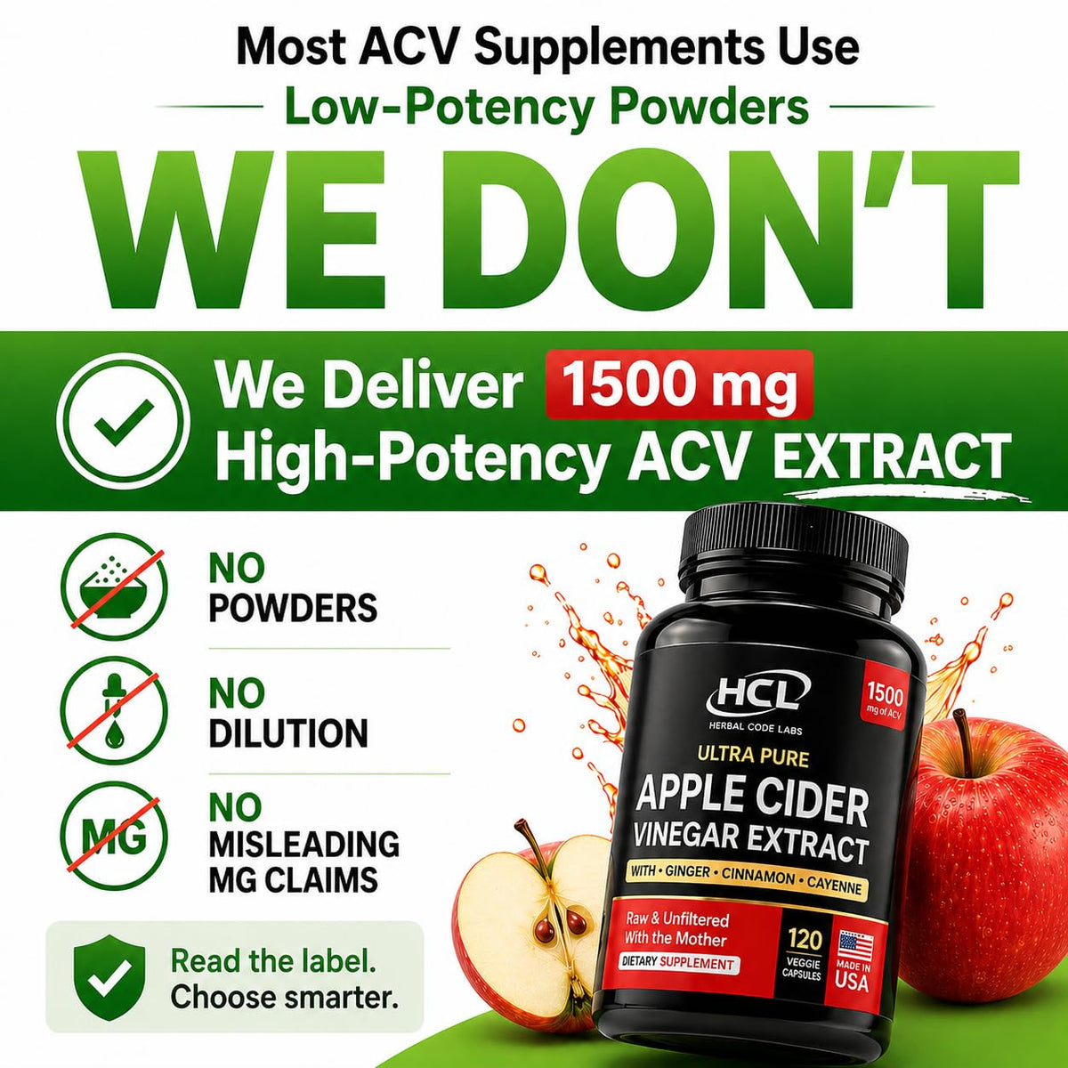 HCL Herbal Code Labs Apple Cider Vinegar 1500 mg - 120 Capsules - image 3