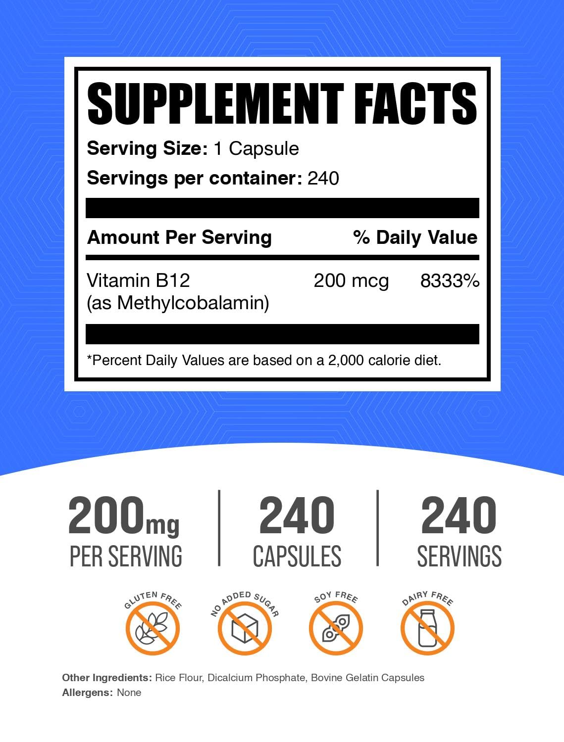BulkSupplements Vitamin B12 Methylcobalamin 200mcg - 240 Capsules - image 2