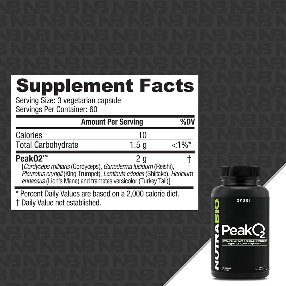 NutraBio PeakO2 Workout Supplement Mushroom Blend - 180 Capsules - image 2